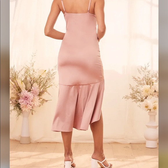 Perfect Occasion Dusty Rose Satin Ruched Midi Dress - Picture 5 of 5